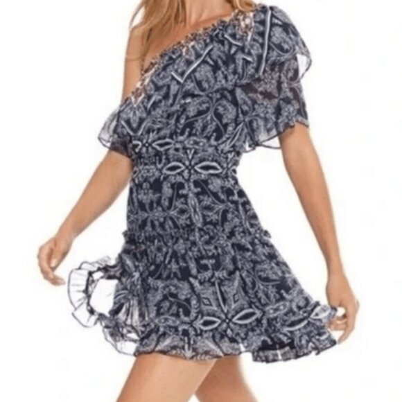 MISA Ezri Mini Dress One Shoulder Blue White Size Large - Picture 2 of 16